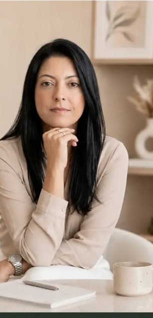 Retrato de Rachel Justo Facury, psicóloga clínica, sentada em um ambiente de trabalho claro e acolhedor